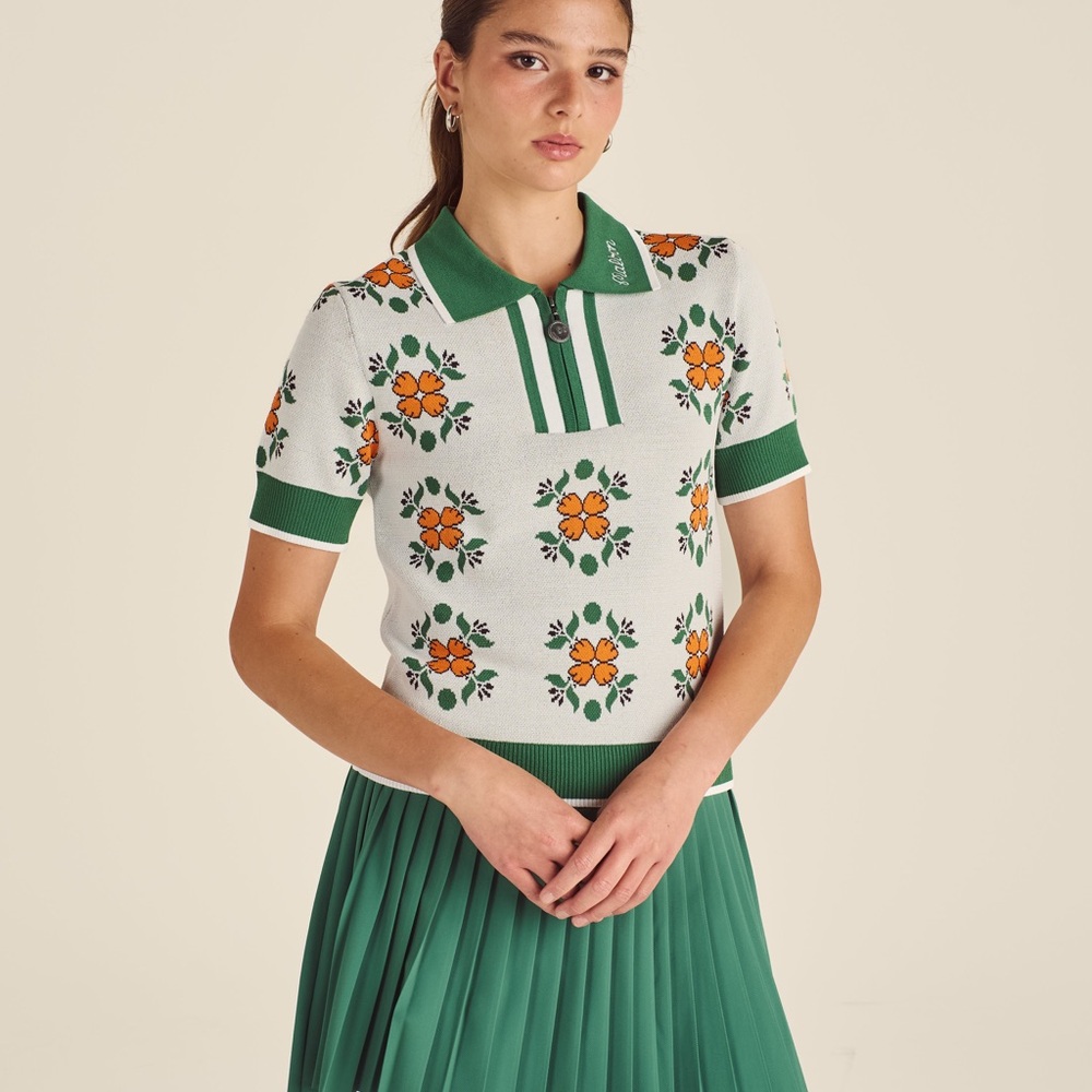 Malbon Lucia Quarter Zip Polo Vintage Floral Knit Polo Top - Green and White